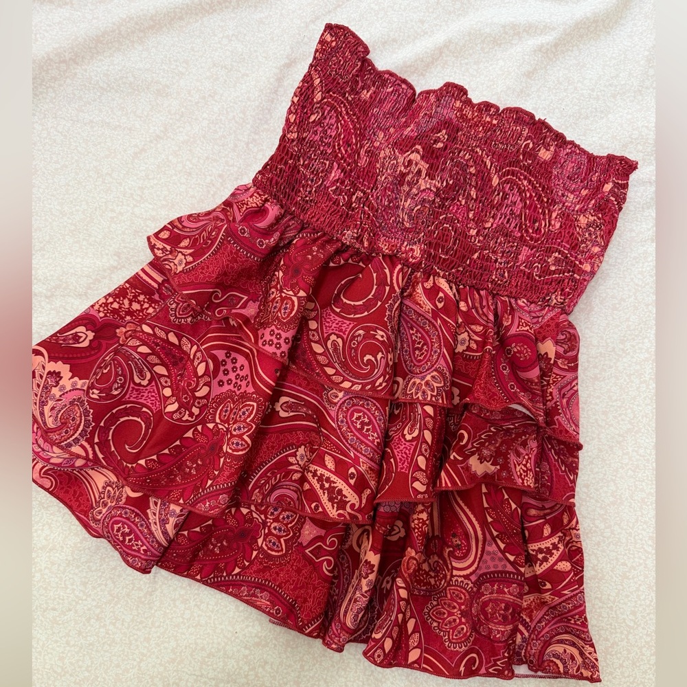 Smocked Ruffled Paisley Strapless Top